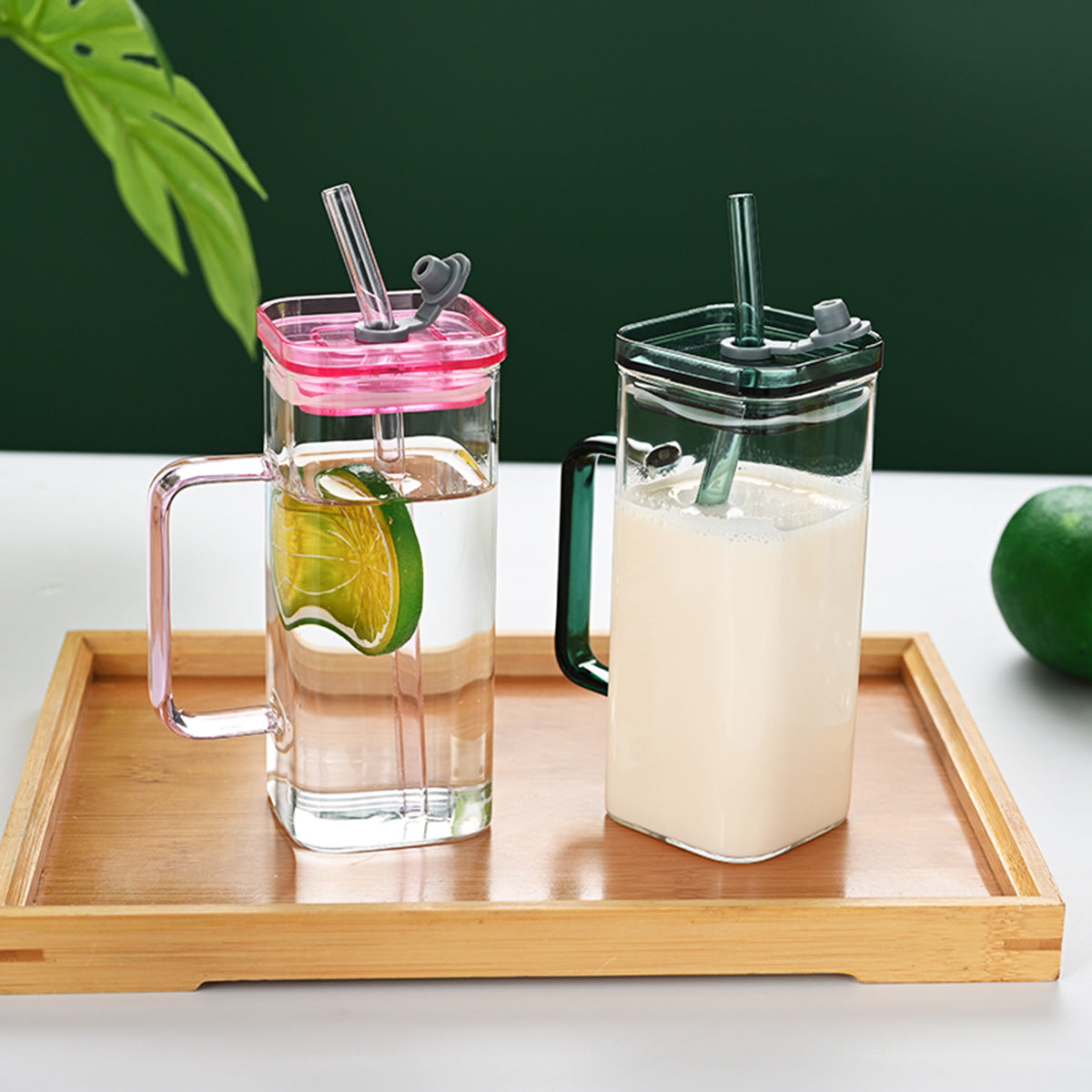 1 Pcs Green Glass Straw Cup, 6 Colors Square Glass Cup With Straw And Lid, High Borosilicate Glass Cup, Milk Cup, Juice Cup, Cold Drink Cup, Coffee Cup, Tea Cup, Office Cup, Gift Cup